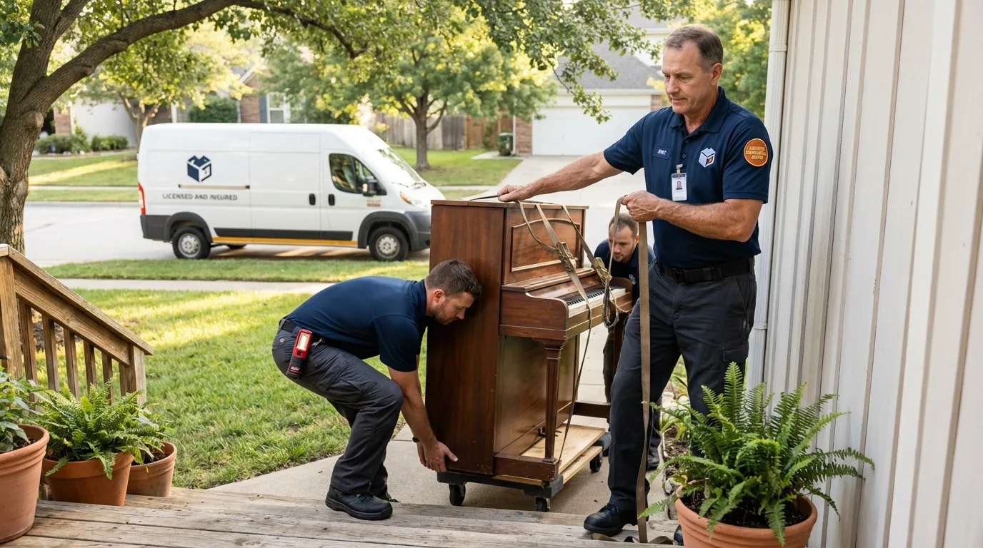 Licensed piano movers securing grand piano in North Las Vegas, NV