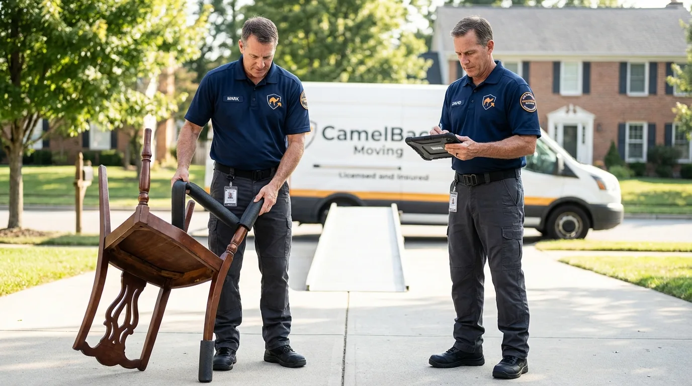 Movers inspecting furniture for damage prevention before loading in North Las Vegas, NV