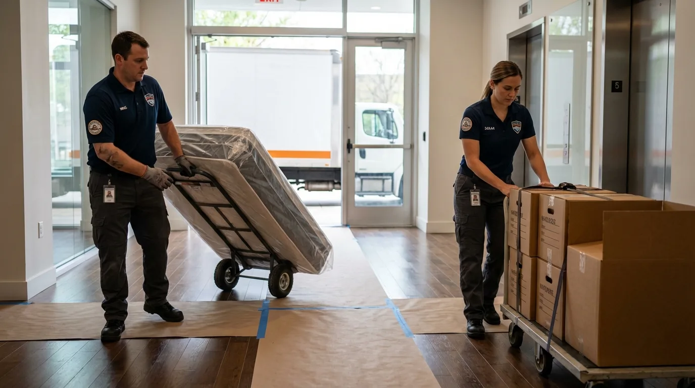 Professional apartment movers loading elevator in North Las Vegas, NV